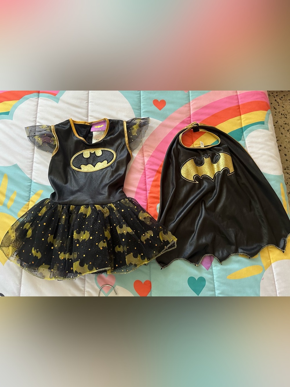 Girls Black & Gold Batgirl Costume Dress with Cape